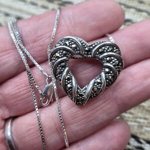 Sterling Silver Marcasite Heart Pendant On 20 Inch Chain Necklace